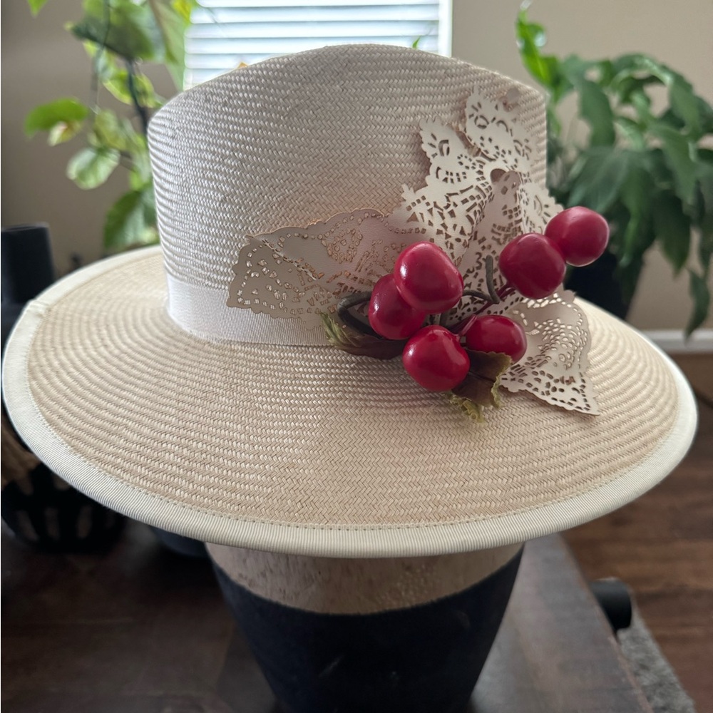 EUC Louise Green cream fedora cherry straw hat - Picture 8 of 16